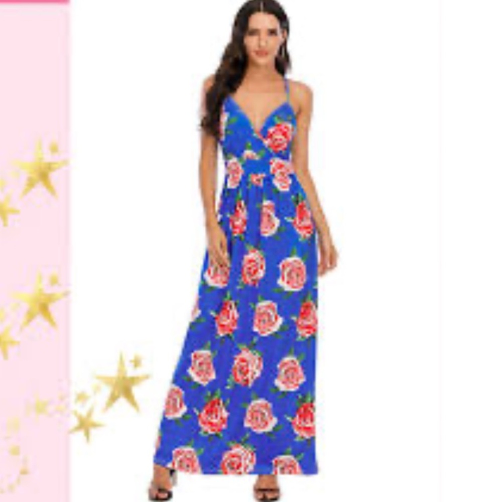 🎉NXH Red Roses Floral on Blue Background Spaghetti Straps Maxi Dress L EUC*